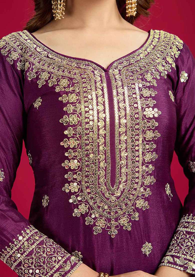Purple Motif Silk Blend Kurta Set - Indya