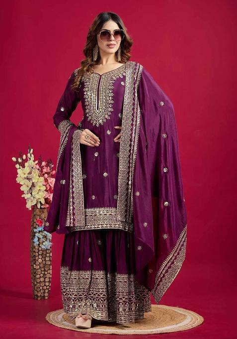 Purple Motif Silk Kurta Set