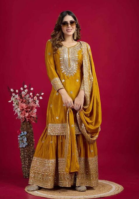 Yellow Motif Silk Kurta Set