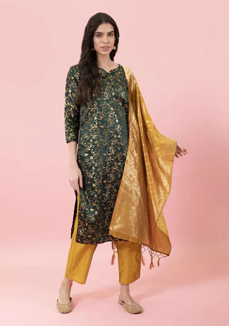 Green Printed Silk Blend Straight Kurta Set - Indya