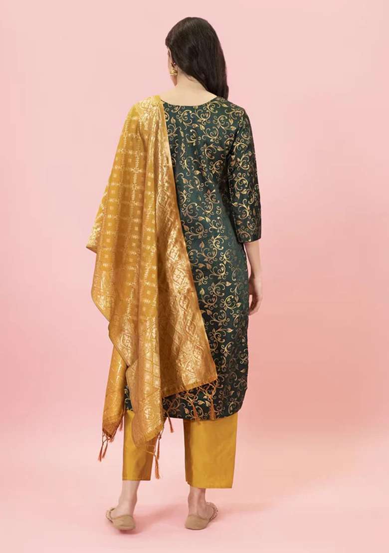 Green Printed Silk Blend Straight Kurta Set - Indya
