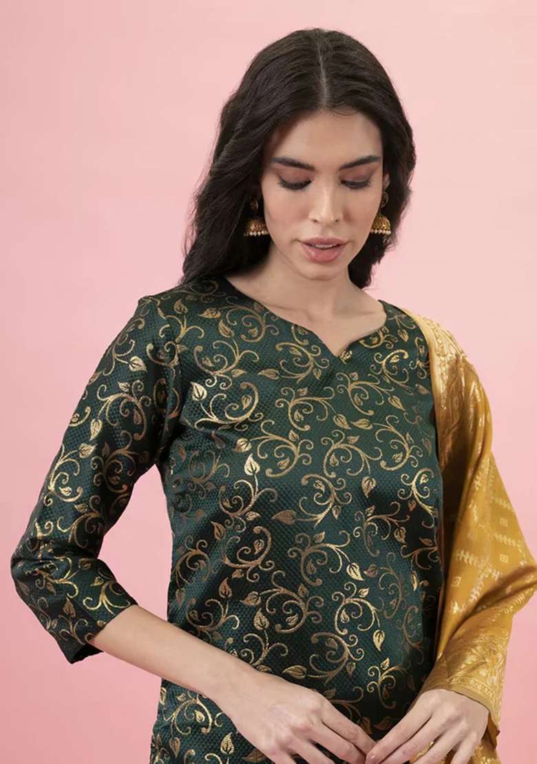 Green Printed Silk Blend Straight Kurta Set - Indya