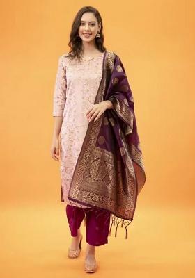 Light Pink Printed Silk Straight Kurta Set