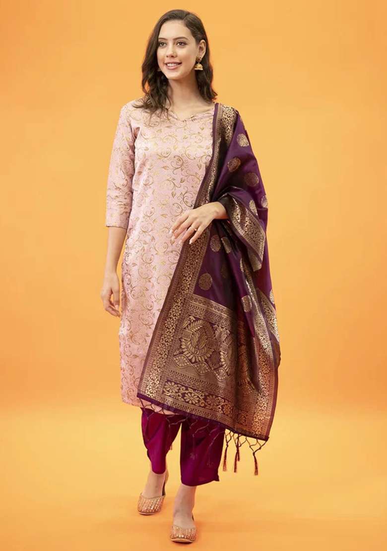 Light Pink Printed Silk Blend Straight Kurta Set - Indya