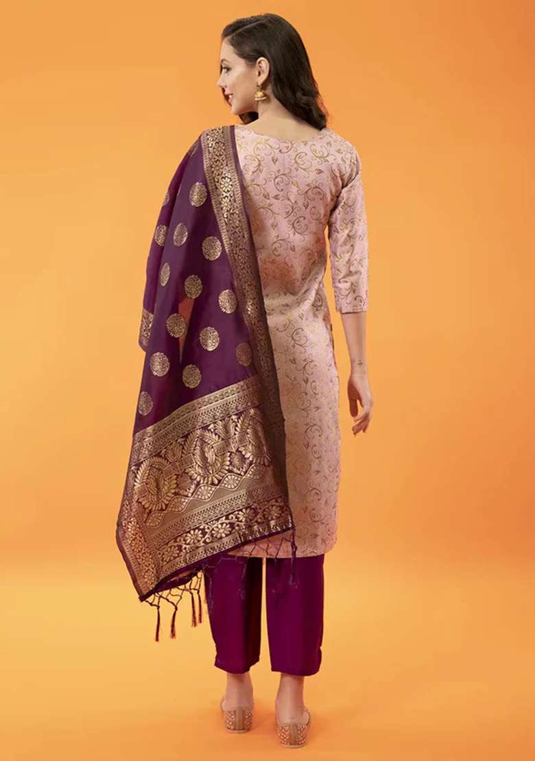 Light Pink Printed Silk Blend Straight Kurta Set - Indya
