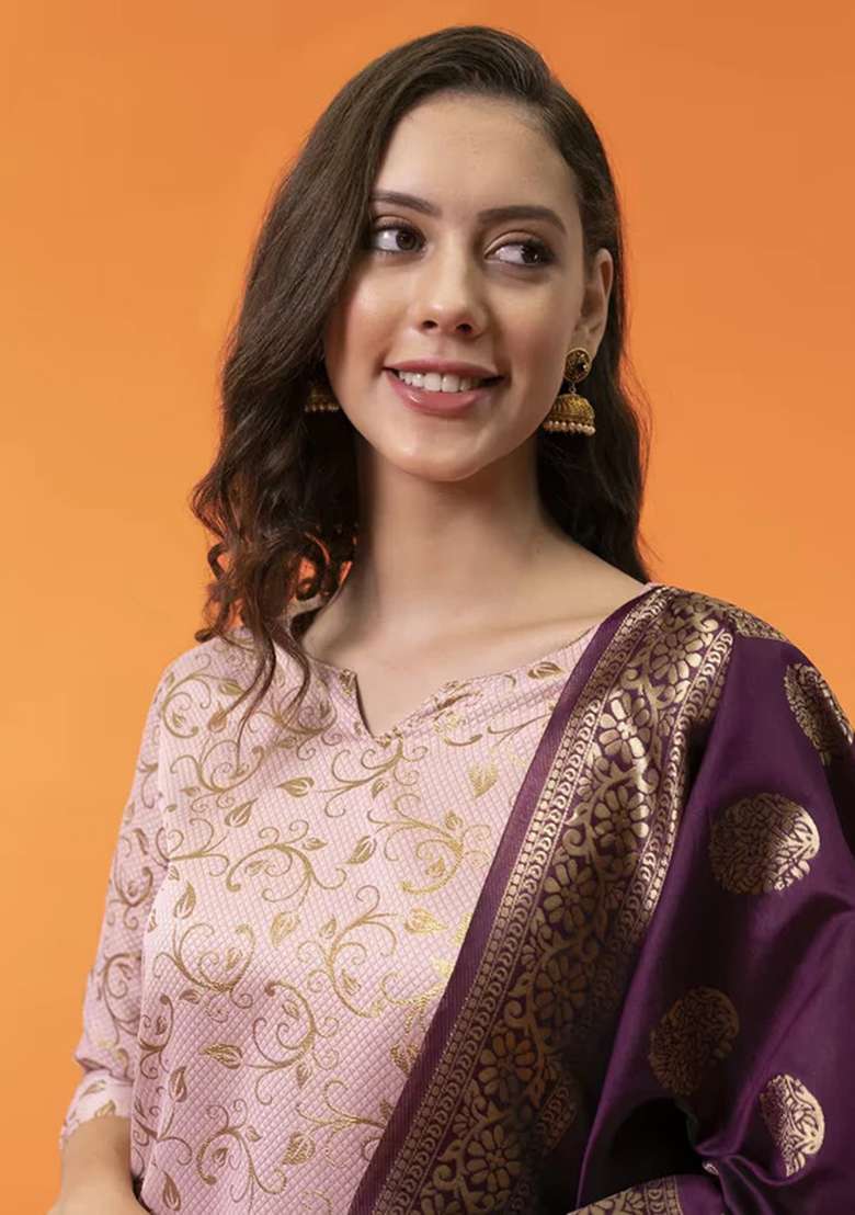 Light Pink Printed Silk Blend Straight Kurta Set - Indya