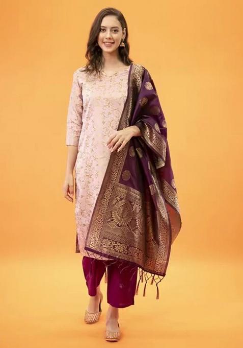 Light Pink Printed Silk Straight Kurta Set