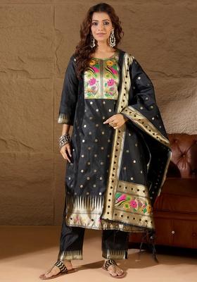 Black Embroidered Silk Straight Kurta Set