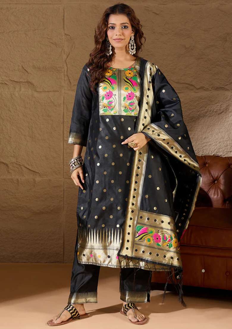 Black Embroidered Silk Blend Straight Kurta Set - Indya