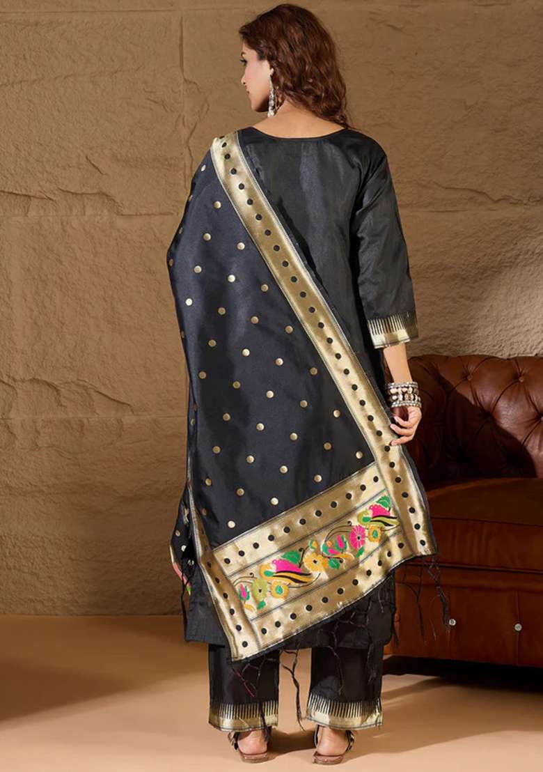 Black Embroidered Silk Blend Straight Kurta Set - Indya