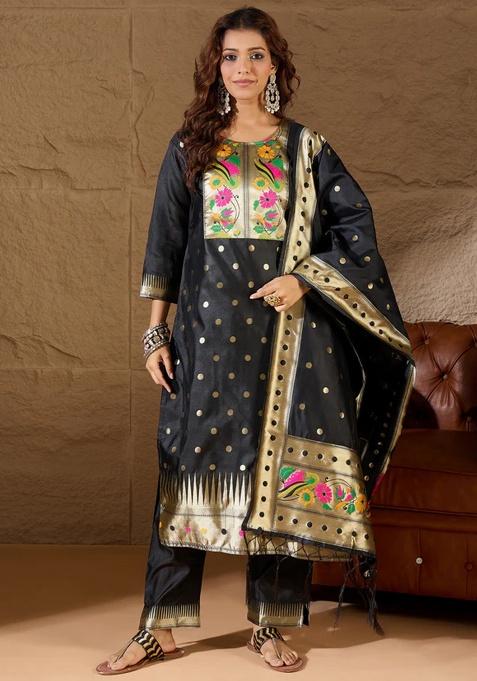 Black Motif Silk Kurta Set