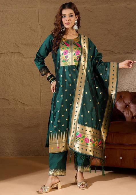 Green Motif Silk Kurta Set