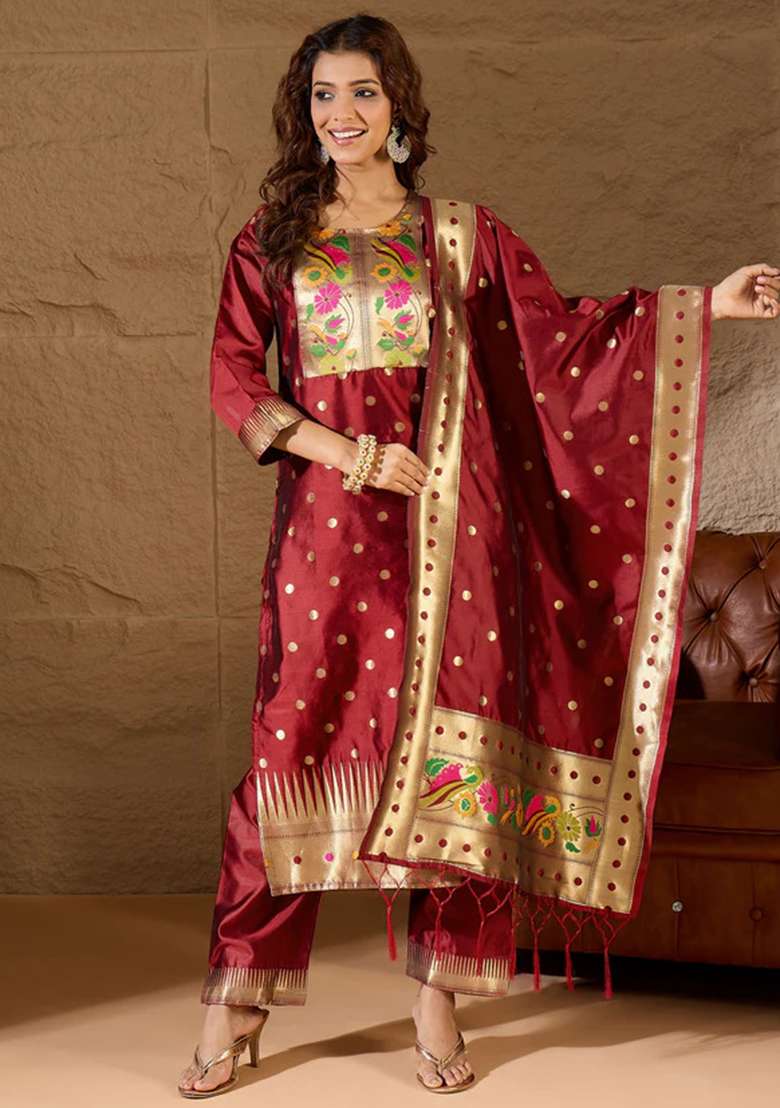 Maroon Jacquard Silk Blend Pakistani Suit Set - Indya