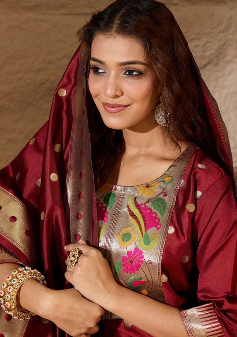 Maroon Jacquard Silk Blend Pakistani Suit Set - Indya