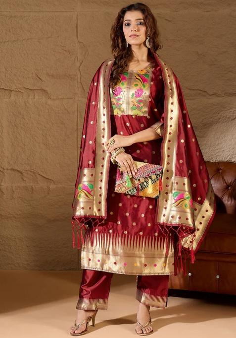 Maroon Motif Silk Kurta Set