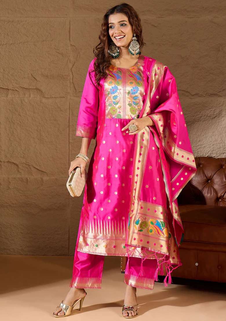 Rani Pink Jacquard Silk Straight Kurta Set - Indya