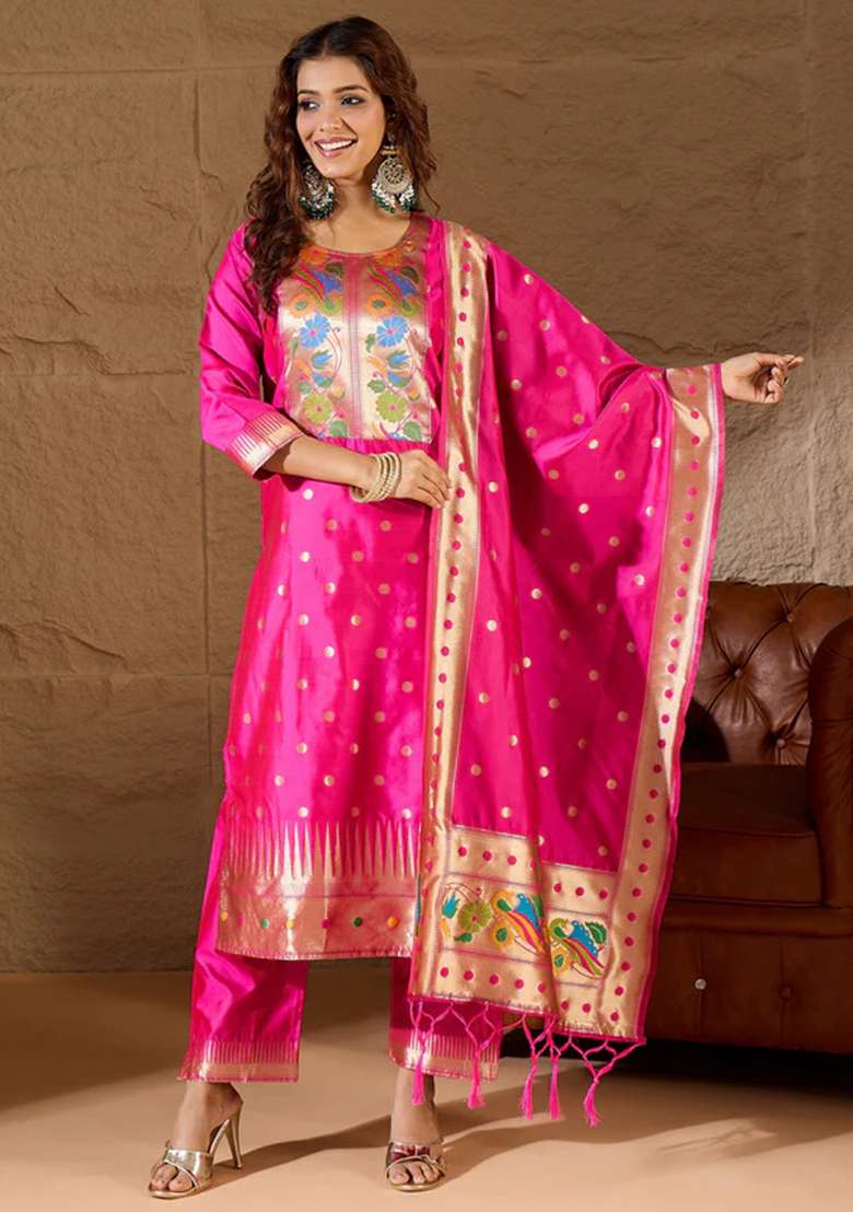 Rani Pink Jacquard Silk Straight Kurta Set - Indya