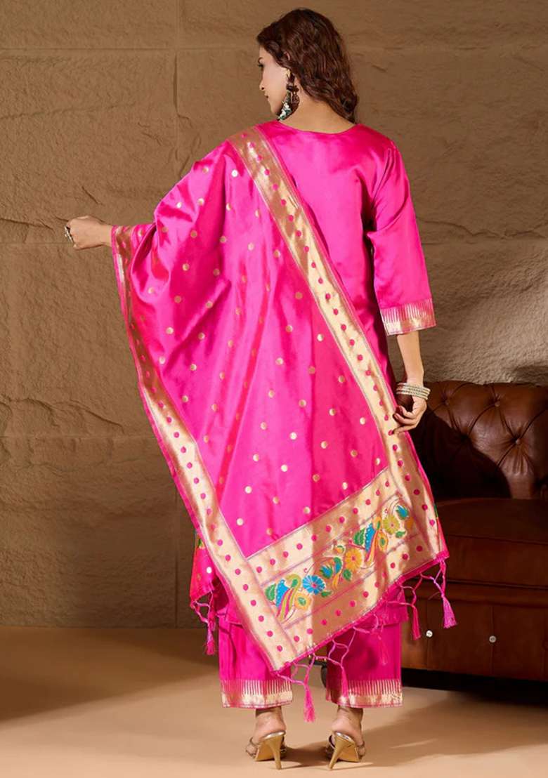 Rani Pink Jacquard Silk Straight Kurta Set - Indya