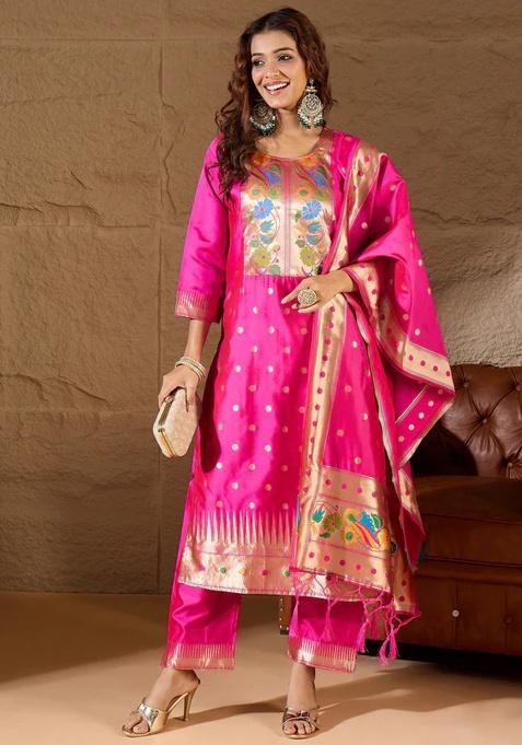 Rani Pink Motif Silk Kurta Set