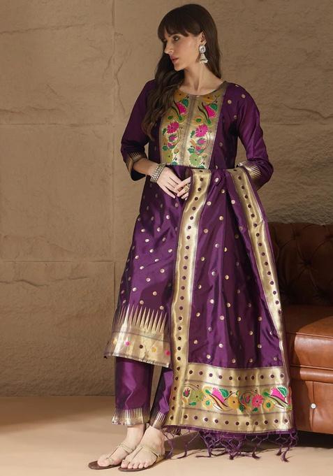 Purple Motif Silk Kurta Set