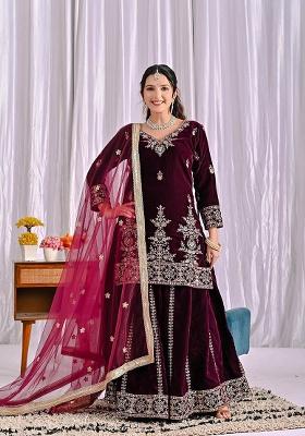 Wine Motif Viscose Rayon Kurta Set