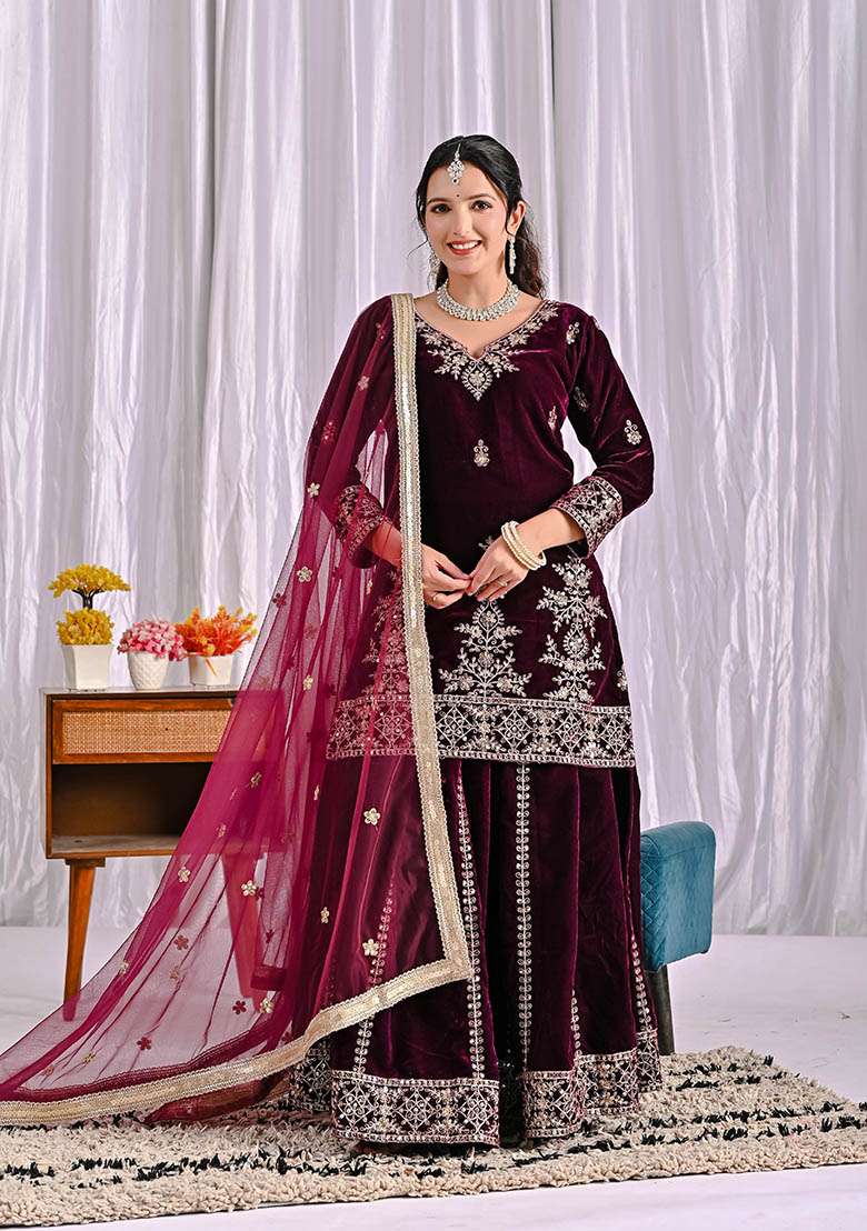 Wine Embroidered Rayon Sharara Set - Indya