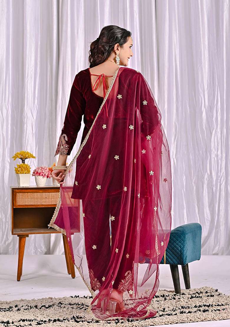 Wine Embroidered Rayon Sharara Set - Indya