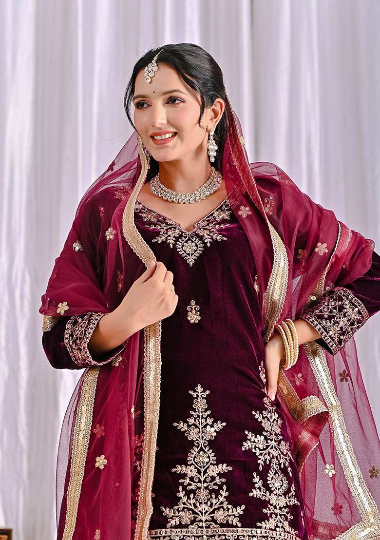 Wine Embroidered Rayon Sharara Set - Indya