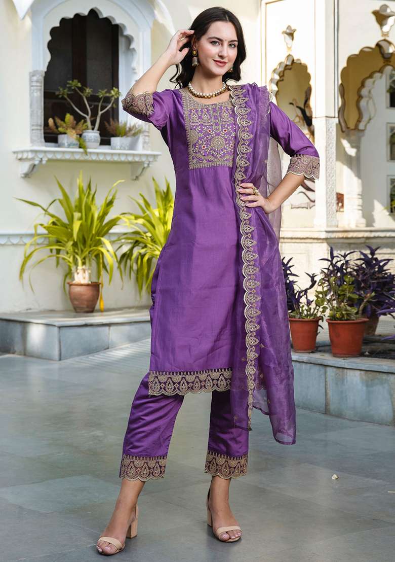 Purple Embroidered Silk Blend Straight Kurta Set - Indya