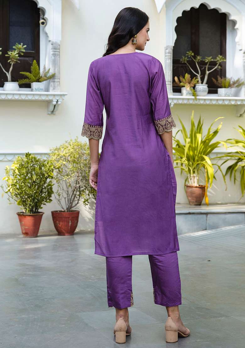 Purple Embroidered Silk Blend Straight Kurta Set - Indya