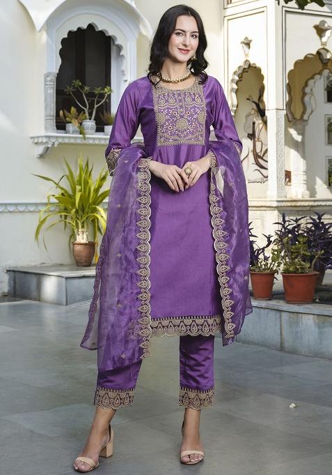 Purple Motif Silk Kurta Set