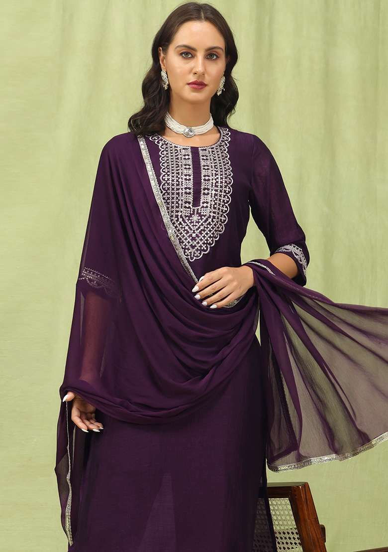 Wine Embroidered Silk Blend Straight Kurta Set - Indya