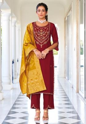 Maroon Embroidered Silk Straight Kurta Set