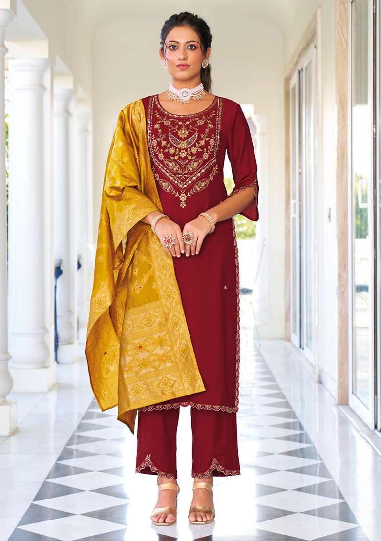 Maroon Embroidered Silk Blend Straight Kurta Set - Indya