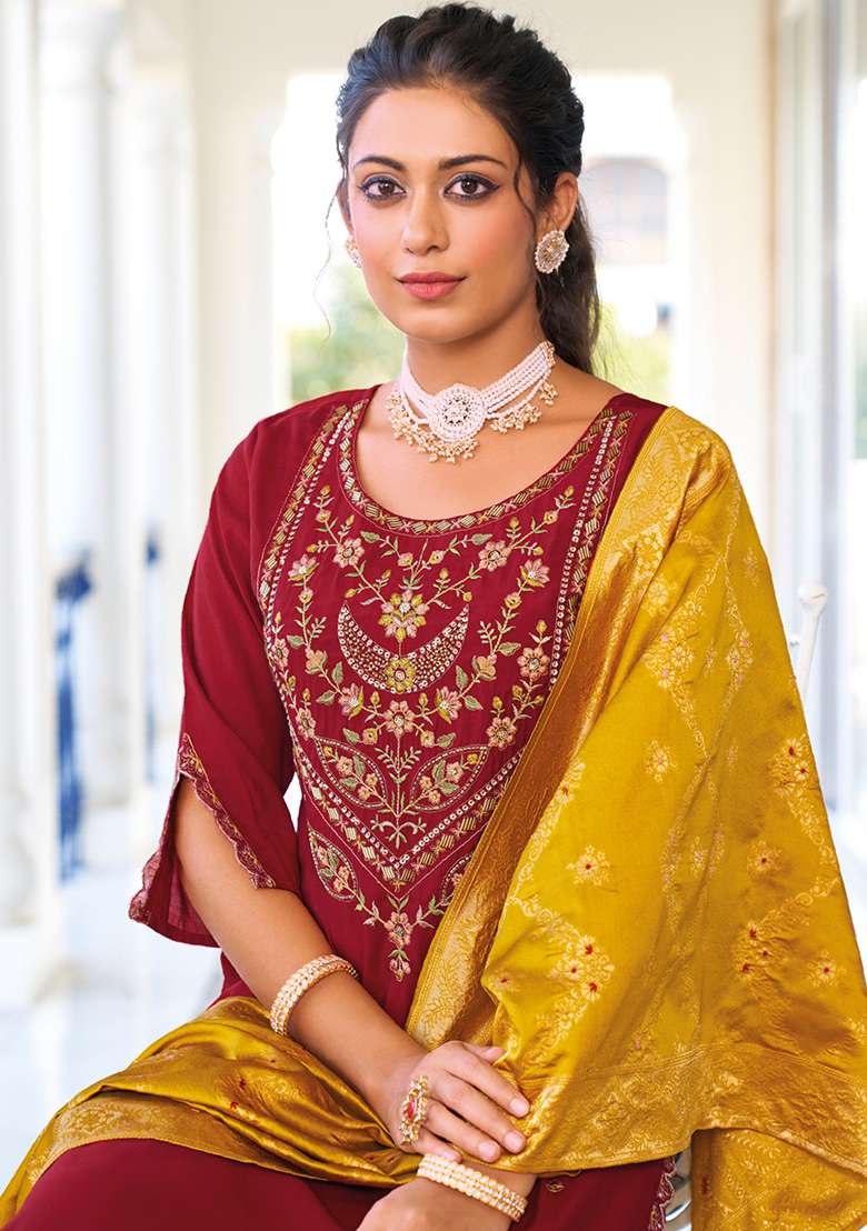 Maroon Embroidered Silk Blend Straight Kurta Set - Indya