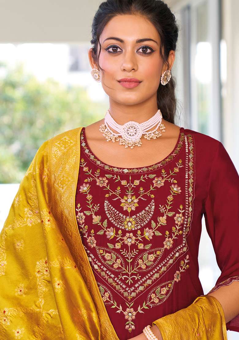 Maroon Embroidered Silk Blend Straight Kurta Set - Indya