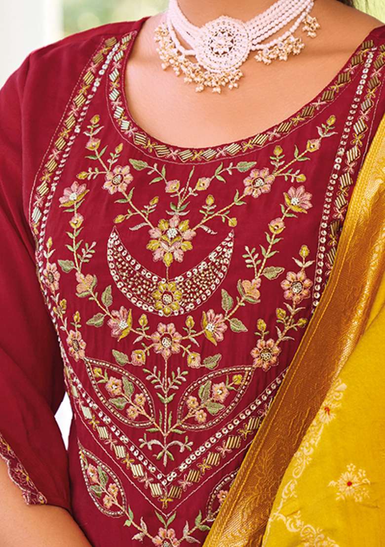 Maroon Embroidered Silk Blend Straight Kurta Set - Indya