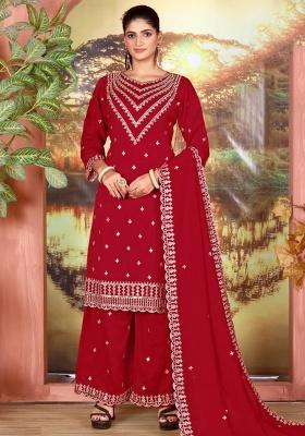 Red Embroidered Silk Kurta Set