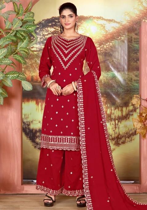 Red Embroidered Silk Kurta Set