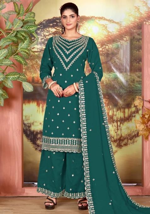 Teal Embroidered Silk Kurta Set