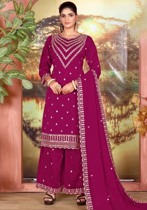Magenta Embroidered Silk Kurta Set