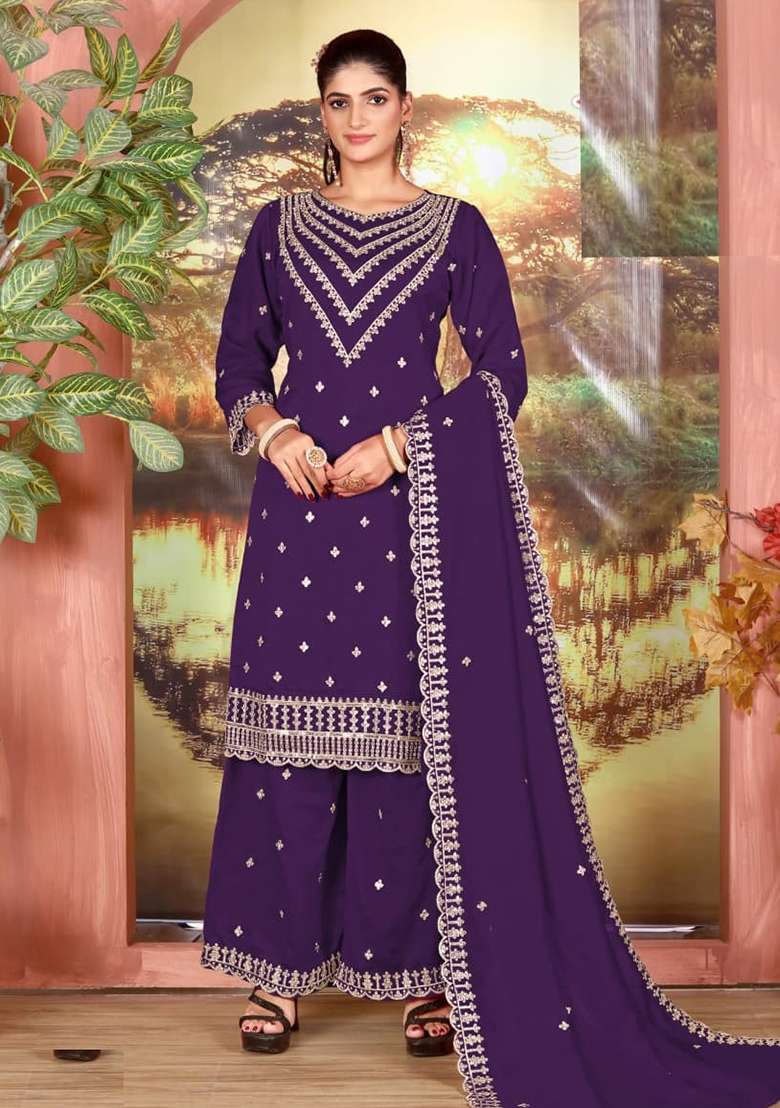 Navy Blue Embroidered Silk Blend Kurta Set - Indya
