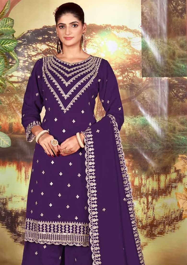 Navy Blue Embroidered Silk Blend Kurta Set - Indya