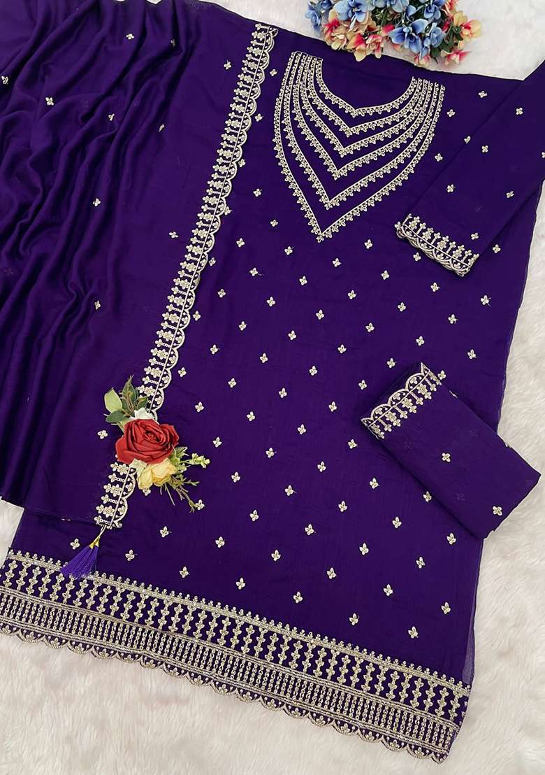 Navy Blue Embroidered Silk Blend Kurta Set - Indya