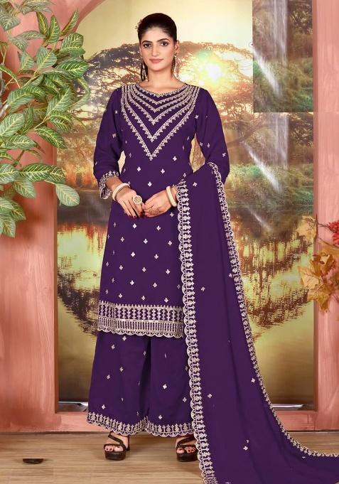 Navy Blue Embroidered Silk Kurta Set