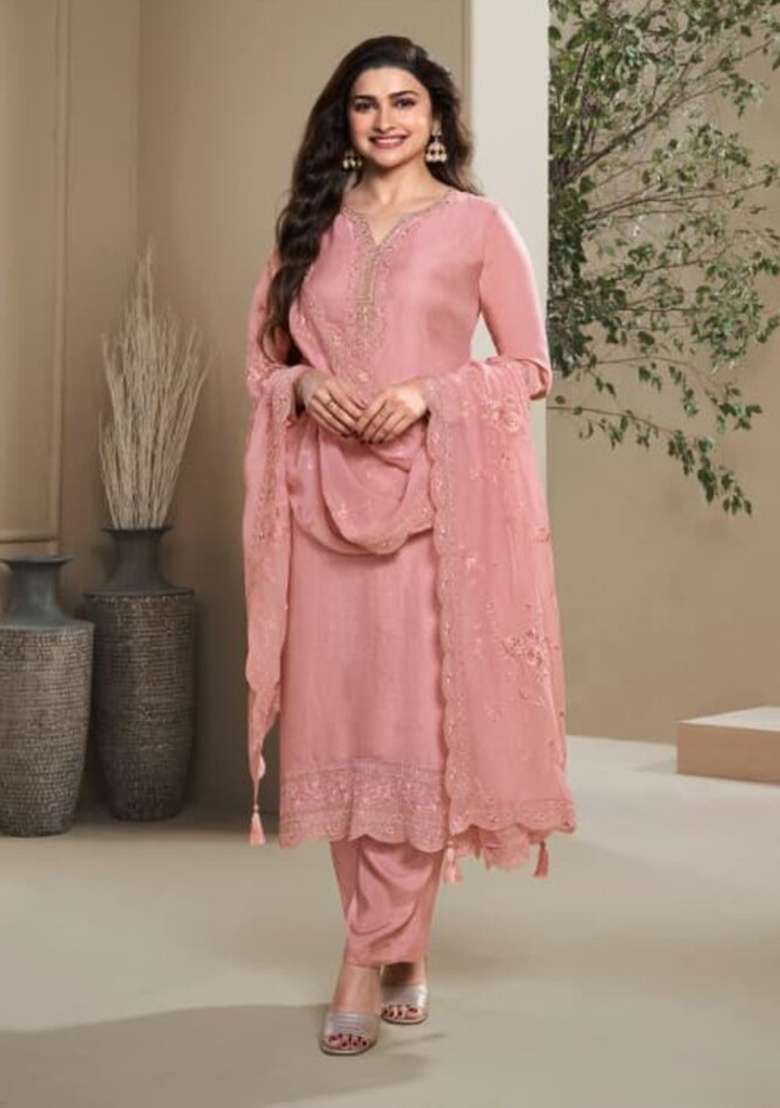 Pink Embroidered Silk Blend Kurta Set - Indya