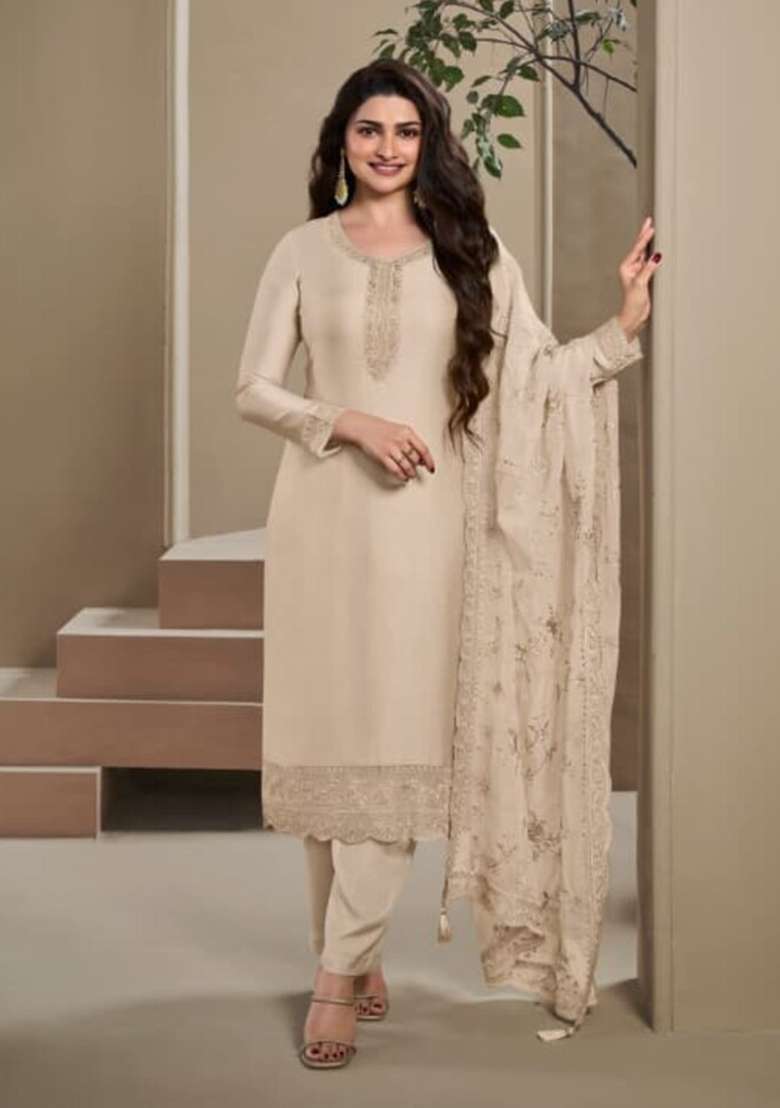 Ivory Embroidered Silk Blend Kurta Set - Indya