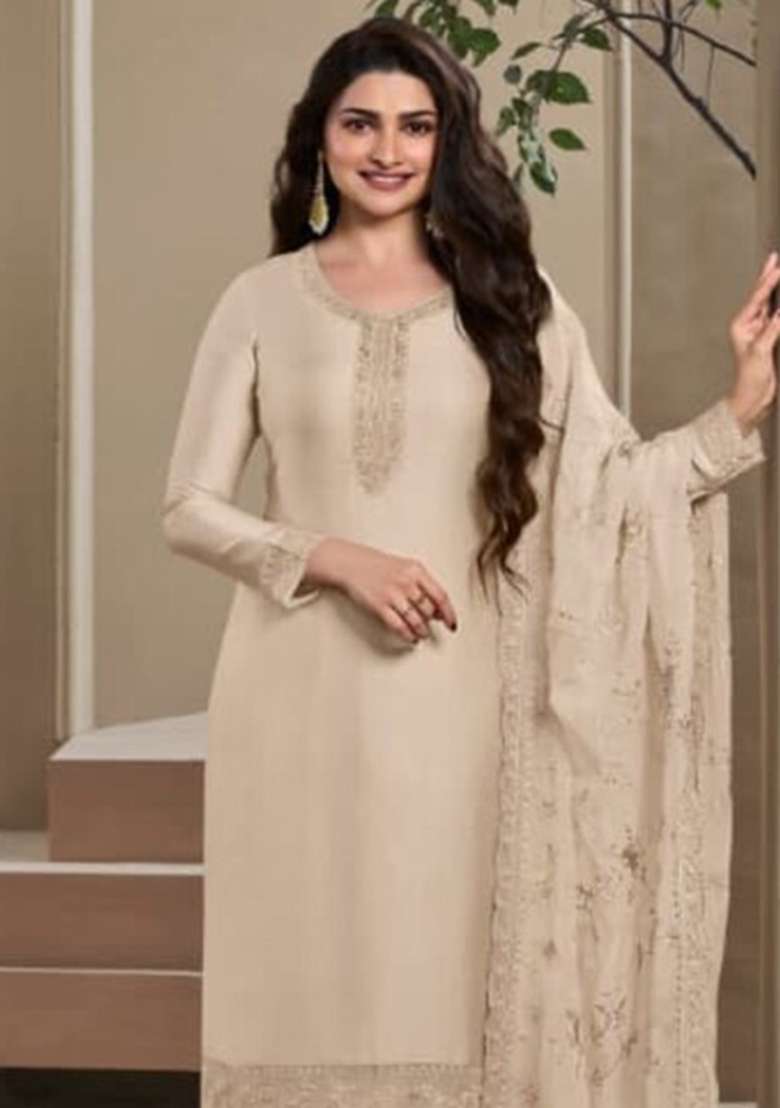 Ivory Embroidered Silk Blend Kurta Set - Indya