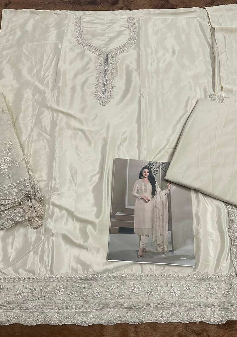 Ivory Embroidered Silk Blend Kurta Set - Indya
