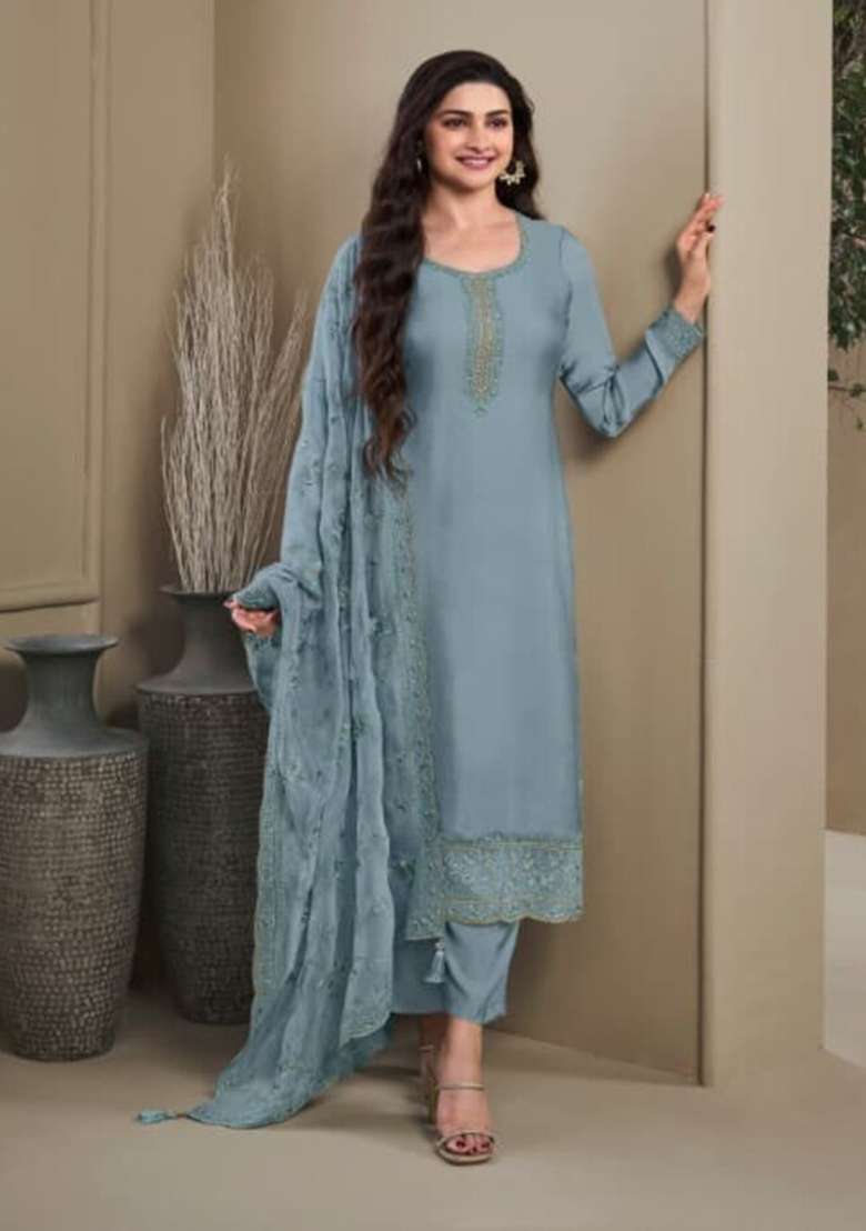 Blue Embroidered Silk Blend Kurta Set - Indya